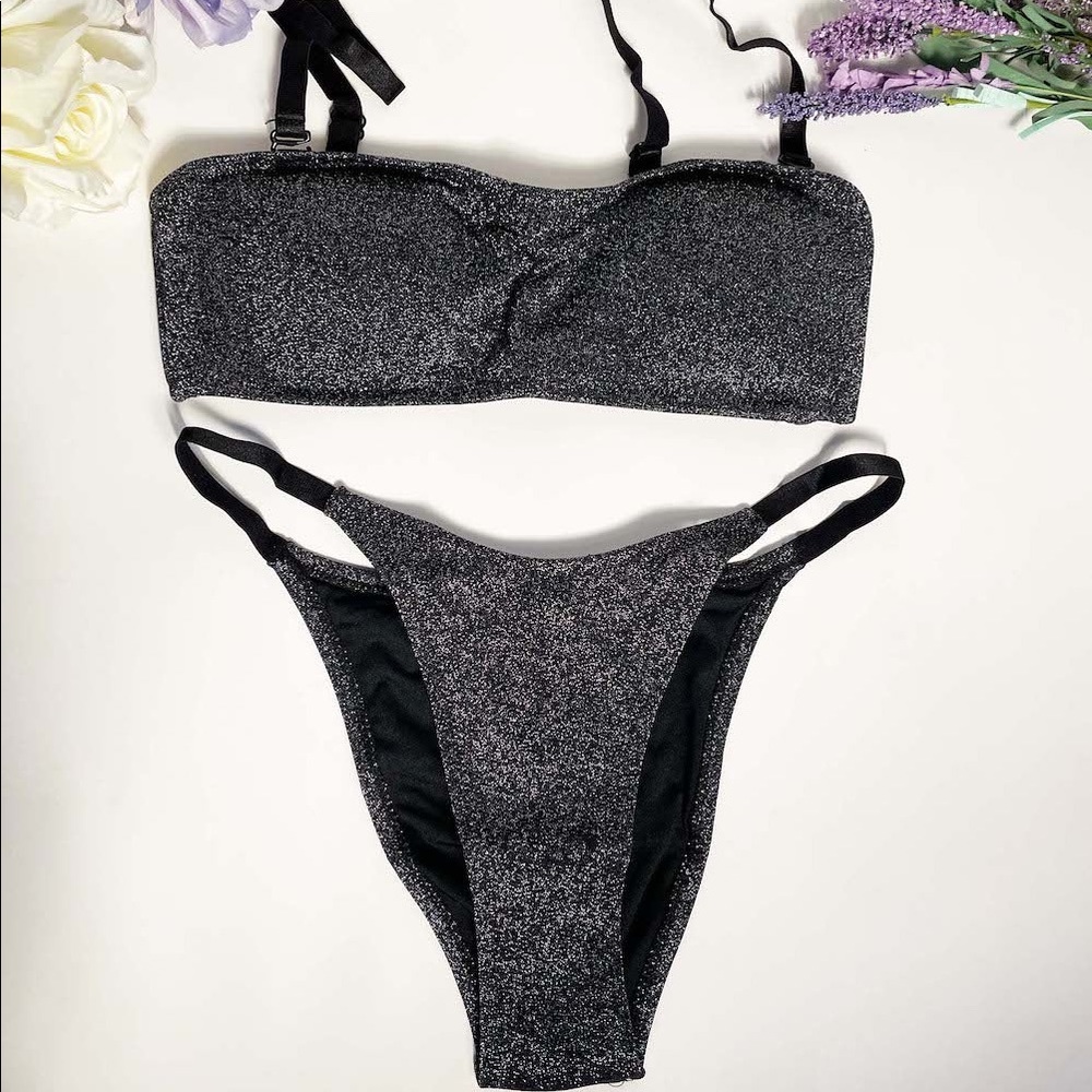 new!! Women’s KENDALL + KYLIE CHEEKY BLACK GLITTER 2 PIECE Bikini Size L